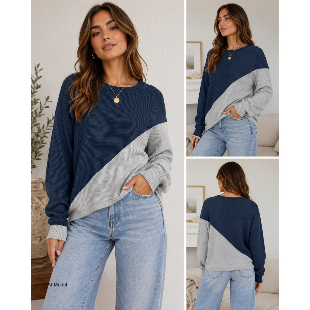 Vince Camuto Colorblock Ribbed Sweater Large Knit Dolman Pullover Batwing